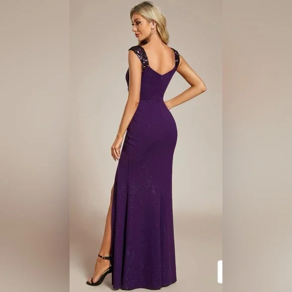 NWT Ever-Pretty Glitter High Slit Sequin Shoulder Strap Evening Dress - Picture 2 of 5